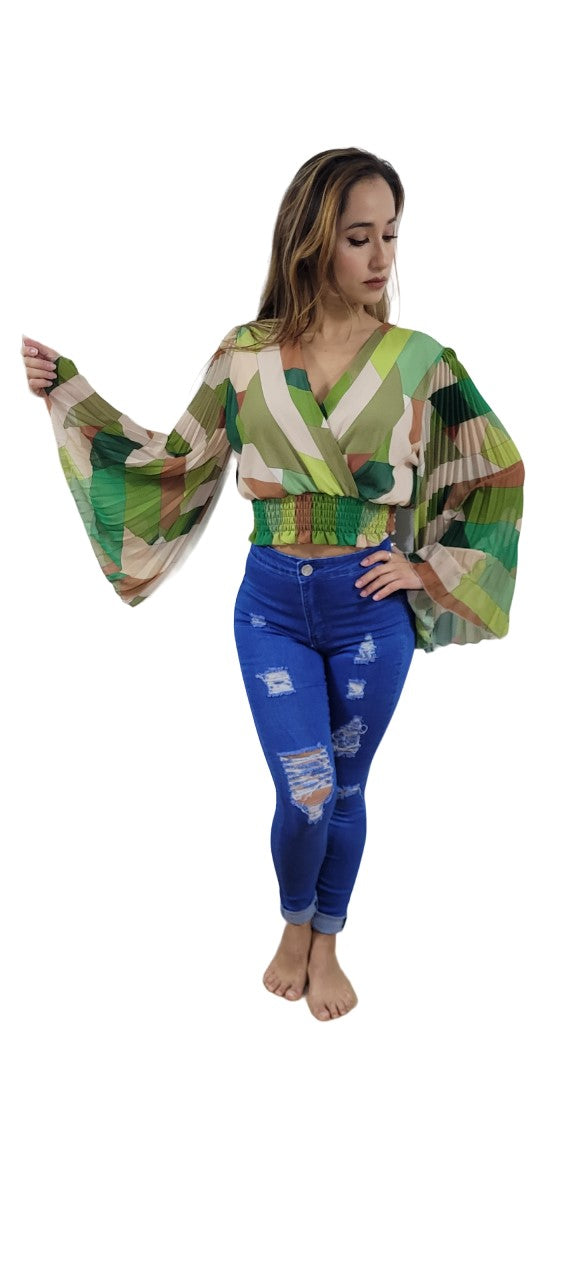 Crop Trendy Manche Papillon Multi-color