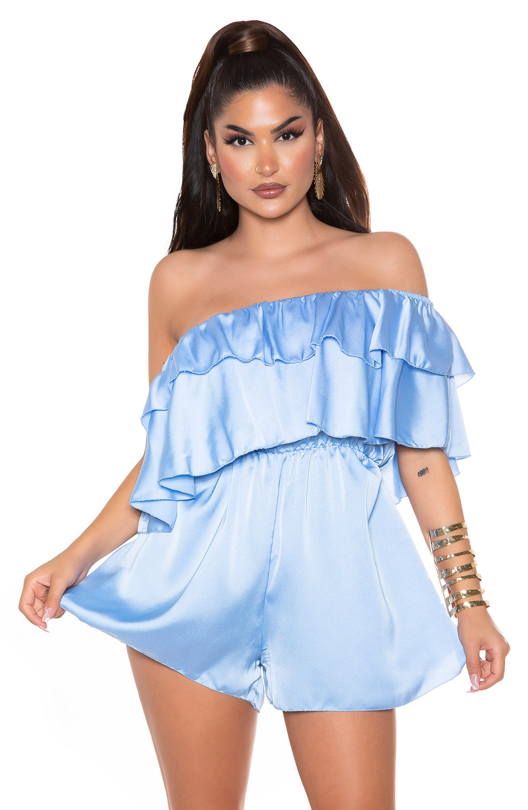 Strapless satin playsuit