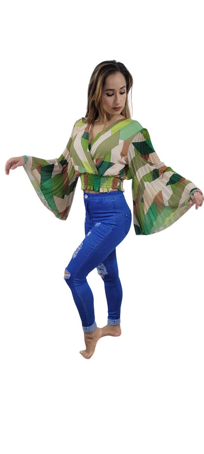 Multi-color Butterfly Sleeve Trendy Crop